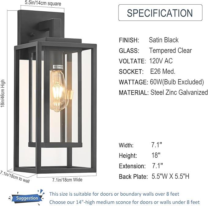 18" Outdoor Wall Light Fixtures Waterproofed Exterior Lantern W/Sturdy Rectangular Double Cage In Satin Black&Clear Tempered Glass,Sconce Mounted For House Patio,Front door,Porch,Garage Lighting 2Pack