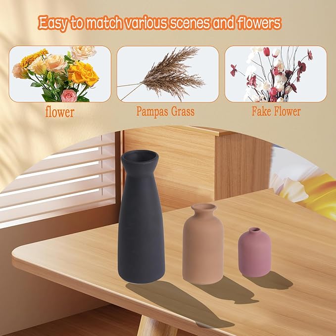 Ceramic Vase Set of 3, Rustic Modern Brown Vases for Bouquet, Fresh or Dried Plants, Home Decor-Modern Decorative Ceramic Flowers Vase for Rustic Home Decor (Black-Pink)