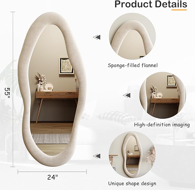 Honyee 55" x 24" Wall Mirror, Flannel Wrapped Wooden Frame Wavy Mirror, Irregular Mirror Hanging for Cloakroom/Bedroom/Living Room, Ivory White