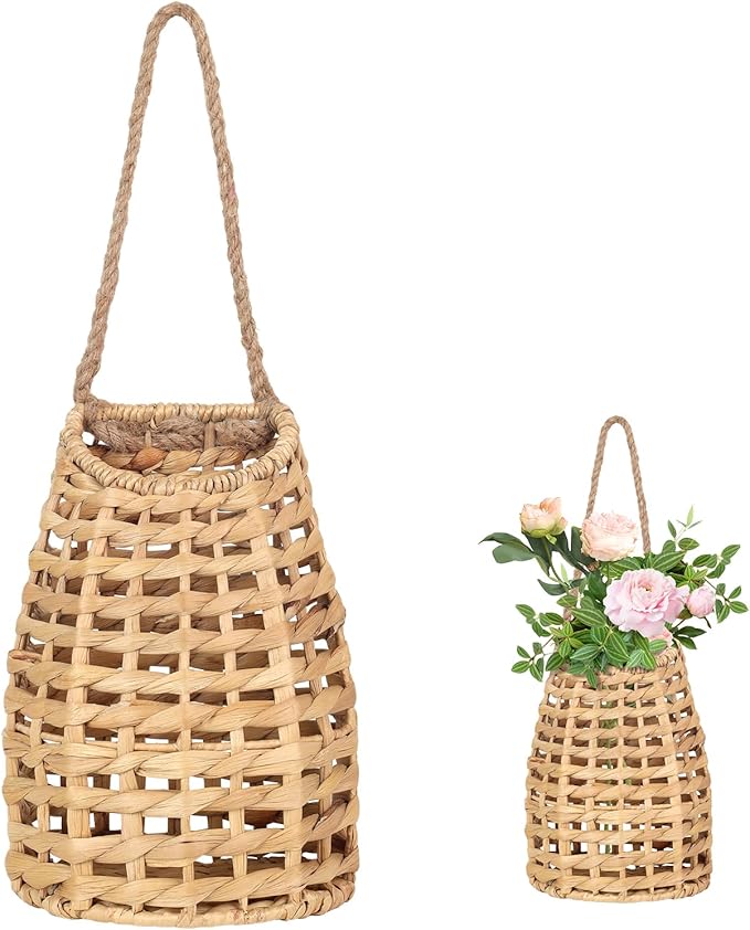 Natural Handwoven Wall Hanging Water Hyacinth Basket for Front Door Flowers & Home Decor – Handwoven Wicker Wall Baskets with Loop Handle – Decorative Organizer for Entryway Mail and Seasonal Display