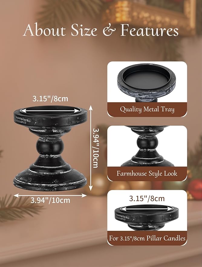 Wood Pillar Candle Holder: 2Pcs Rustic Black Candle Holders for Pillar Candles Wood Candle Holders Distressed Wooden Farmhouse Candle Holder Large Rustic Candle Holder for Fireplace Table
