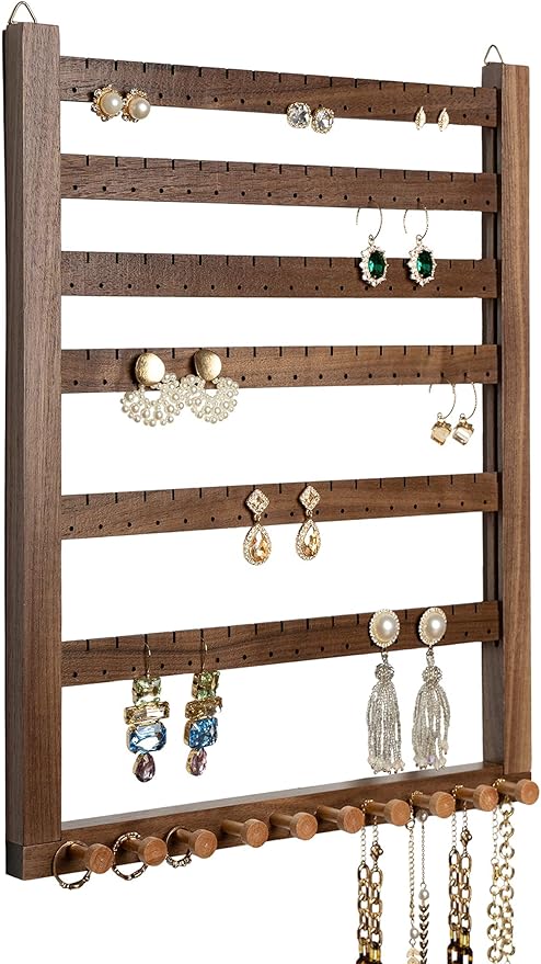 Mymazn Easy Assemble Solid Walnut Wood Earring Wall Holder Hanging Jewelry Organizer Necklace Holder Earring Hanger Wall Mount Jewelry Organizer for Necklaces Rings Scruncies Organization