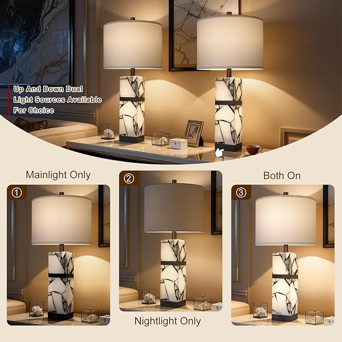Scenekoy 27" Alabaster Table Lamps Set of 2 with Night Light for Living Room Bedroom, Nightstand Lamps with Linen Shade, Modern Bedroom Lamps with USB A+C Ports for Living Room Office (Bulb Included)