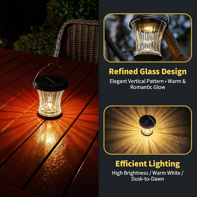 OPOIRA Glass Solar Lantern Outdoor, Waterproof Hanging Solar Lights for Outside with Modular Design, 3000K LED, Auto On/Off Table Lamp for Garden Patio Yard Fence Wall Decorative, Warm White(4 Pack)