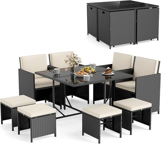 Tangkula 9 Piece Patio Dining Set, Rattan Chairs with Tempered Glass Table & Ottoman, Space Saving Wicker Sectional Conversation Set with Removable Cushions, Outdoor Furniture for Backyard Garden Deck