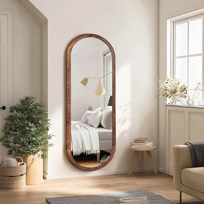 16"x48" Oval Full Length Mirror Solid Wood Wall Mirror with Hanging Strap for Living Room Bathroom Bedroom Entryway - Brown