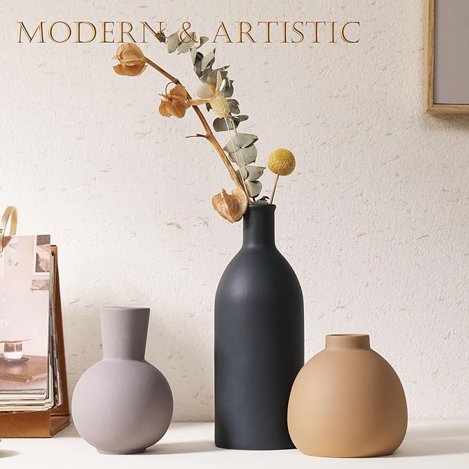 Joeabor Ceramic Vase Set of 3 - Handcrafted Ceramic Vases for Home Decor & Shelf - Modern Farmhouse Decor for Kitchen, Office, Bedroom & Living Room Decorative Objects for Mantel, Table Centerpieces
