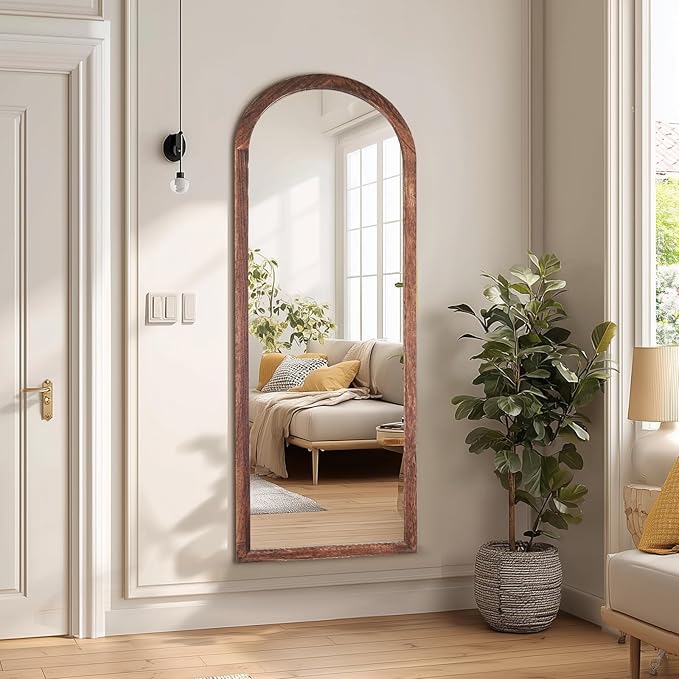 16"x48" Arched Full Length Mirror Solid Wood Wall Mirror with Hanging Strap for Living Room Bathroom Bedroom Entryway - Brown