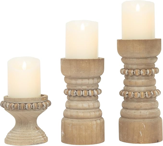 MODE HOME Rustic Wood Candle Holders Set of 3, Farmhouse Beaded Wood Pillar Candle Holder, Candle Holders for Pillar Candles & Candlesticks, Candle Sticks Holder Decor for Table Centerpiece