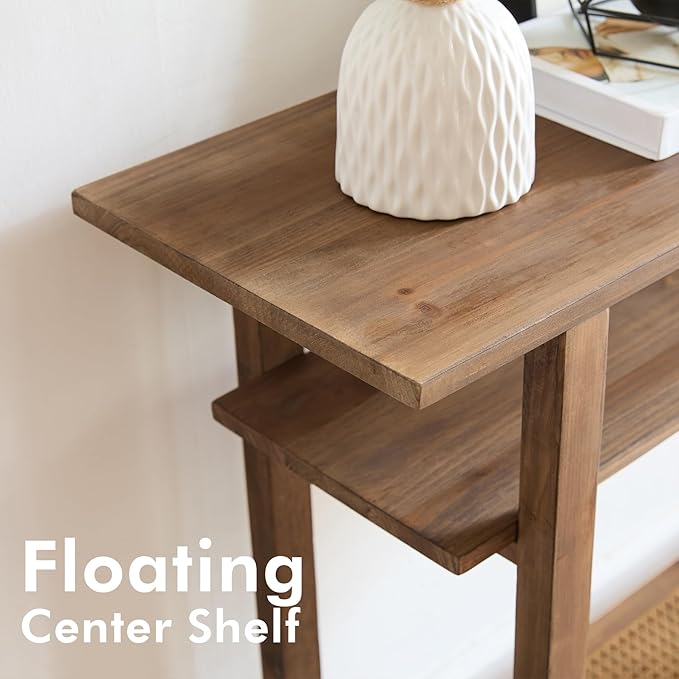 Boho Solid Wood Console Table – 39.4 Inches Rustic Farmhouse Entryway Table with Rattan Shelf, 3 Tier Open Tiered Console Table, Sofa Table for Hallway, Living Room, Foyer