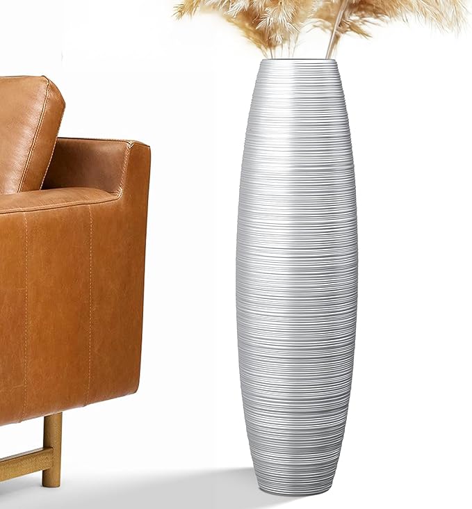 Rocendlor Tall Floor Vase, 27.5 inches (70cm, 2.3FT) Tall Vases Sturdy, Luxury, Textured for Decorative Branches Dried Flowers, Floor Vase for Rustic Living Room, Modern Decor, Resin Silver Vases