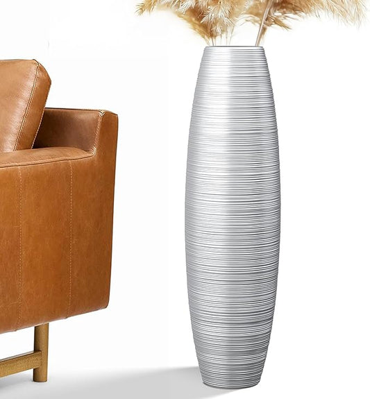 Rocendlor Tall Floor Vase, 27.5 inches (70cm, 2.3FT) Tall Vases Sturdy, Luxury, Textured for Decorative Branches Dried Flowers, Floor Vase for Rustic Living Room, Modern Decor, Resin Silver Vases