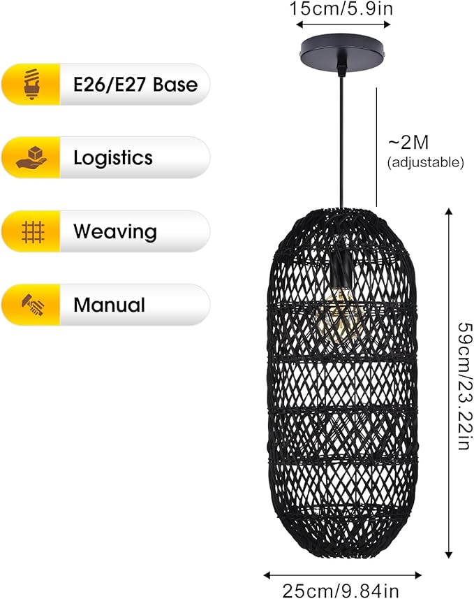 Arturesthome 1 Light Rustic Rattan Basket Pendant Light Fixture, Boho Wicker Chandelier Lamp Black, Coastal Handmade Crafts Lampshade, Farmhouse Hanging Ceiling Lighting for Dining Kitchen