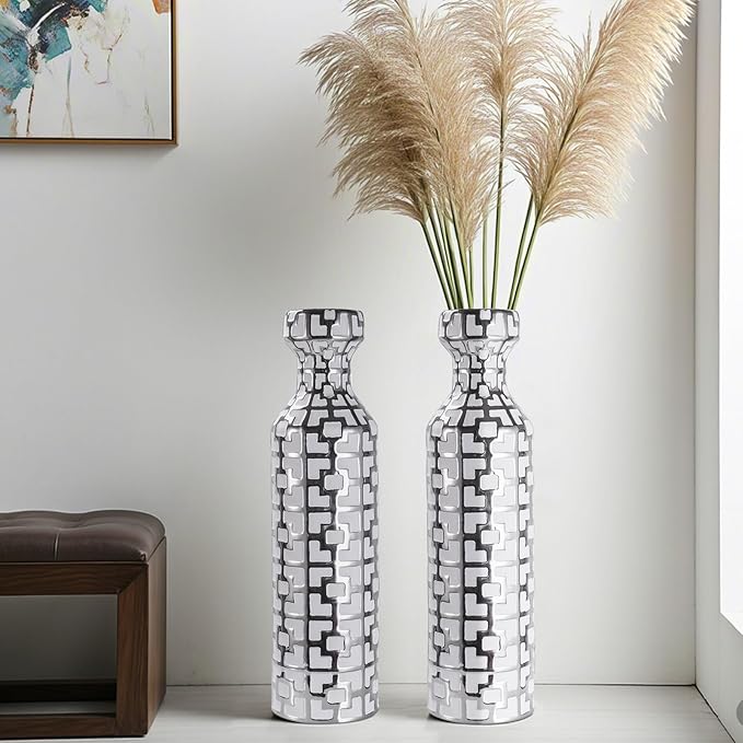 NewSangXia 24.4 inch Tall Floor Vases Set of 2. White Vase with Silver Geometric Patterns, Ceramics Modern Flower Vases for Living Room, Entryway, Indoor/Outdoor Decor, Large Vase for Home Decor