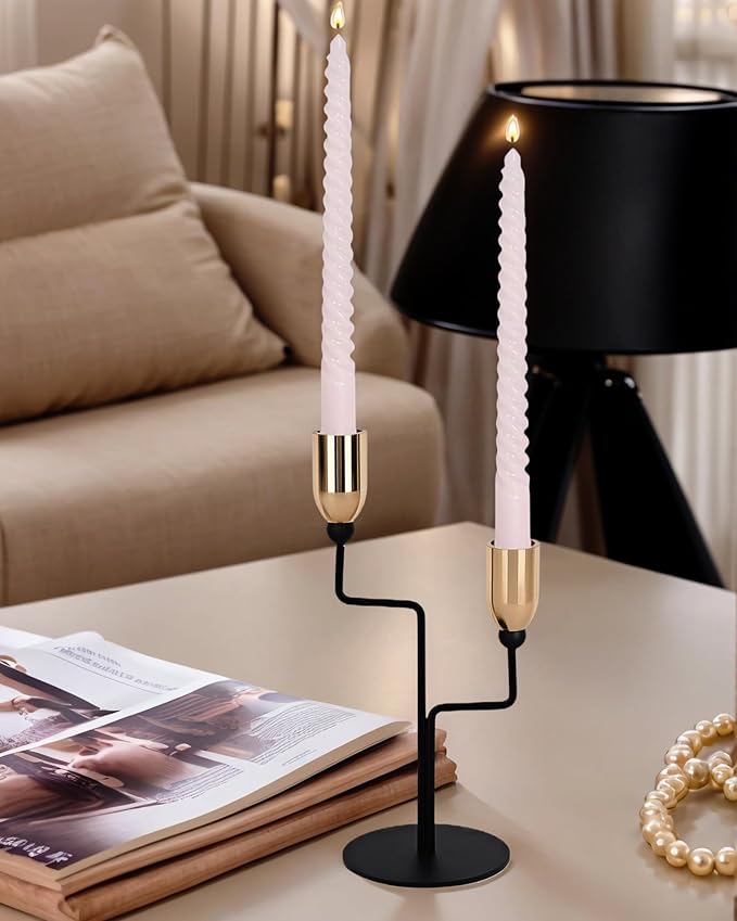 Metal Double Taper Candle Holder, Modern Gold & Black Candle Holder with Stable Base, Decorative Candle Stand for Home Decor, Wedding, Dining, Party, Anniversary