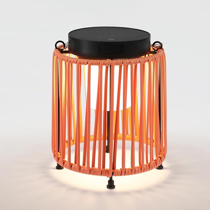 BRIMMEL Solar Lanterns Outdoor Waterproof IP54, Handwoven Wicker Outdoor Table Lamps Portable Rechargeable with 30H+ Runtime, Dual USB-C/Solar Charging, 3 Brightness Levels, Orange