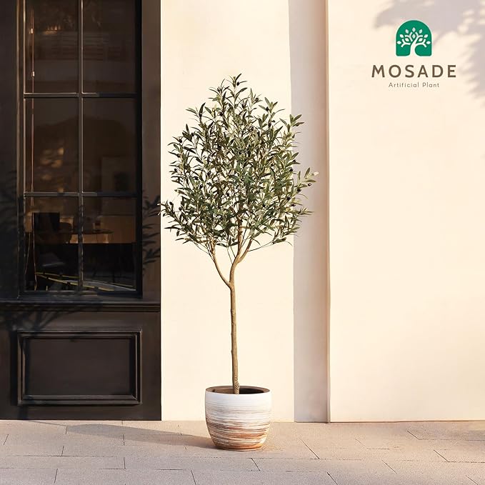 Artificial Olive Tree 6FT – Tall Faux Tree with Realistic Silk Leaves, Handmade Seagrass Basket, Low-Maintenance Large Fake Plants for Modern Office, Floor & Home Decor, Living Room, Indoor Plants