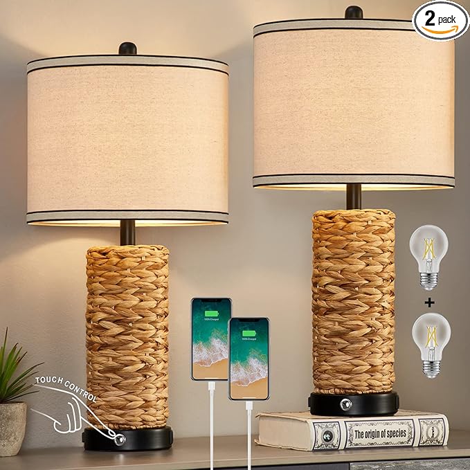GyroVu Rattan Table Lamp Set of 2, Wicker Lamps, Dimmable Touch Seagrass Table lamp with 2 USB Ports and 1 AC Outlet for Bedroom Nightstand Table, Livingroom End Table, Bulbs Include
