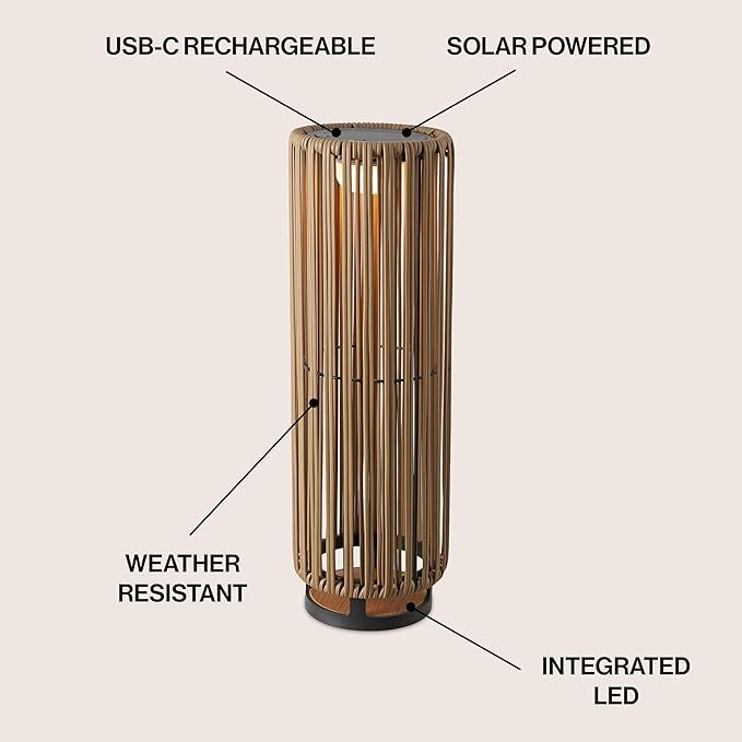 JONATHAN Y JYL2603B 26.75" Modern Solar Outdoor Lantern, Rechargeable Cordless Table Lamp with USB-C Charging, Woven Faux Rattan Dusk to Dawn Accent Light for Patio, Deck, Garden, Porch, Natural