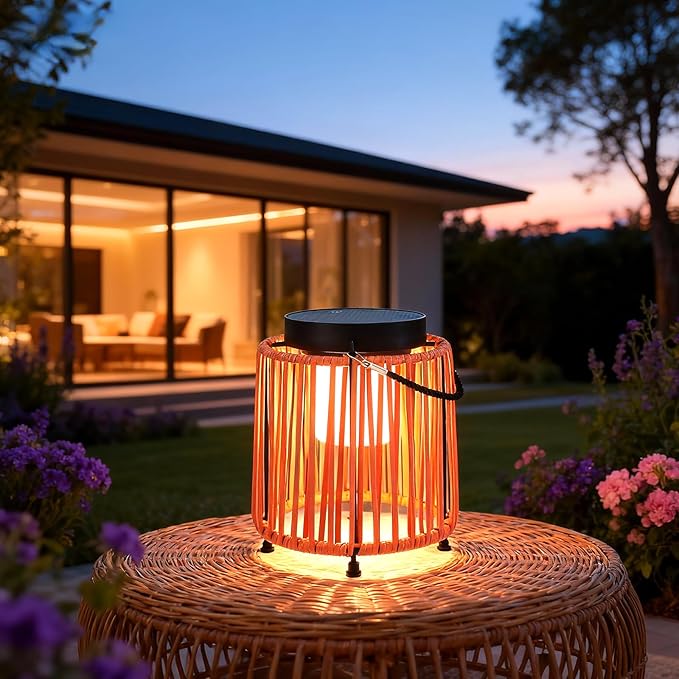 BRIMMEL Solar Lanterns Outdoor Waterproof IP54, Handwoven Wicker Outdoor Table Lamps Portable Rechargeable with 30H+ Runtime, Dual USB-C/Solar Charging, 3 Brightness Levels, Orange