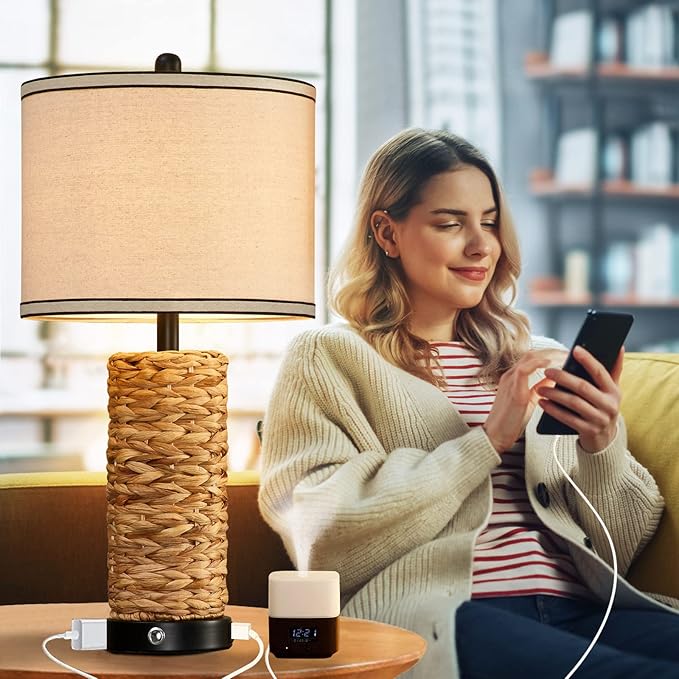 GyroVu Rattan Table Lamp Set of 2, Wicker Lamps, Dimmable Touch Seagrass Table lamp with 2 USB Ports and 1 AC Outlet for Bedroom Nightstand Table, Livingroom End Table, Bulbs Include