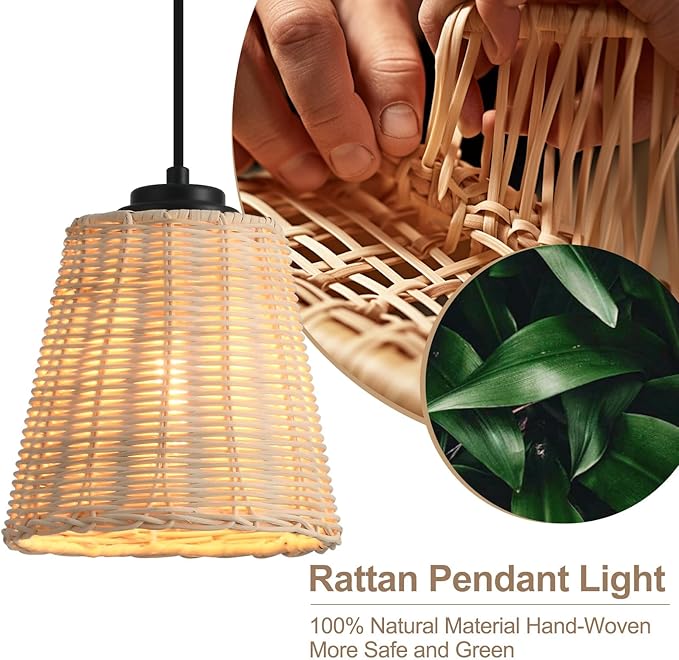 3 Pack Rattan Pendant Lights,Mini Hand-Woven Boho Chandelier Rustic Farmhouse Wicker Pendant Light Fixtures for Kitchen Island Hallway Dining Room