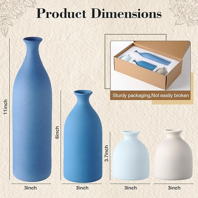 Dandat Ceramic Vase Set of 4, Modern Decorative Ceramic Vases Rustic Pottery Centerpiece Table Decor for Farmhouse Bouquet Pampas Grass Dried Fresh Flowers, Living Room, Kitchen, Bedroom(Blue)