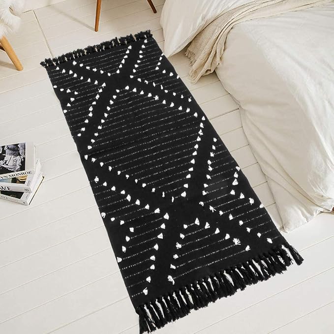 LIVEBOX Boho Kitchen Rug 2' x 4.3' Washable Bathroom Runner with Tassel, Moroccan Black Area Rugs Small Woven Cotton Throw Rug for Entryway Laundry Room Hallway