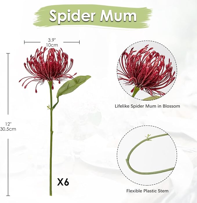 Briful 6PCS Artificial Chrysanthemum Fall Flowers 4'' Faux Pincushion Flower Large Spider Mums Autumn Flowers for Home Décor Centerpiece Wedding Bouquet (Burgundy)