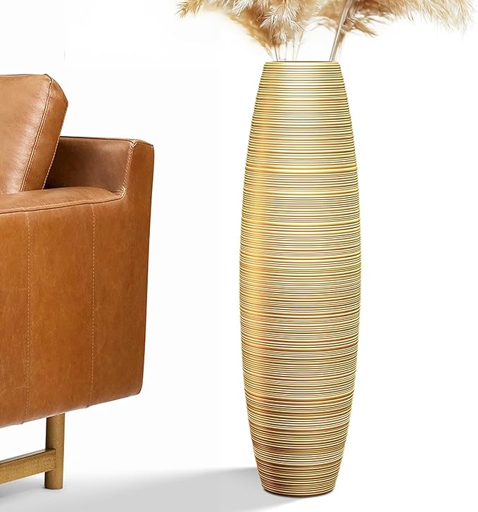 Rocendlor Tall Floor Vase, 27.5 inches (70cm, 2.3FT) Tall Vases Sturdy, Luxury, Textured for Decorative Branches Dried Flowers, Floor Vase for Rustic Living Room, Shelf Decor, Resin Gold