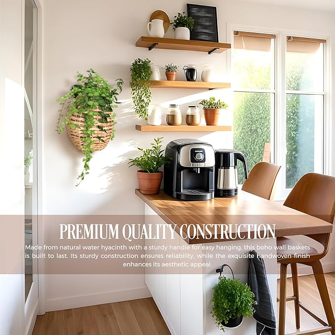 Natural Handwoven Wall Hanging Water Hyacinth Basket for Front Door Flowers & Home Decor – Handwoven Wicker Wall Baskets with Loop Handle – Decorative Organizer for Entryway Mail, and Seasonal Display