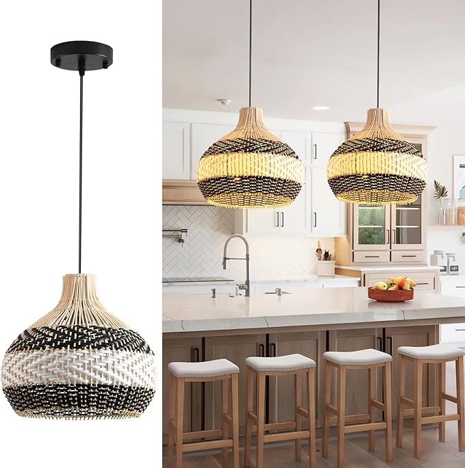 3-Light Rattan Pendant Light,1-Pack Hand-Woven Black White Faux Rattan Hanging Light 15" Boho Basket Wicker Chandelier for Living Room Bedroom Kitchen Dining Hallway