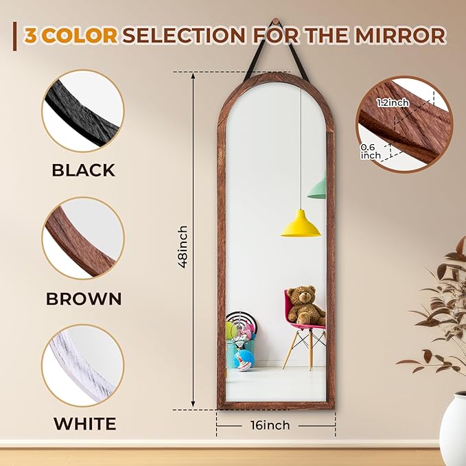 16"x48" Arched Full Length Mirror Solid Wood Wall Mirror with Hanging Strap for Living Room Bathroom Bedroom Entryway - Brown