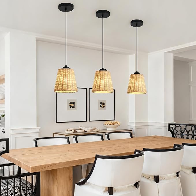 3 Pack Rattan Pendant Lights,Mini Hand-Woven Boho Chandelier Rustic Farmhouse Wicker Pendant Light Fixtures for Kitchen Island Hallway Dining Room