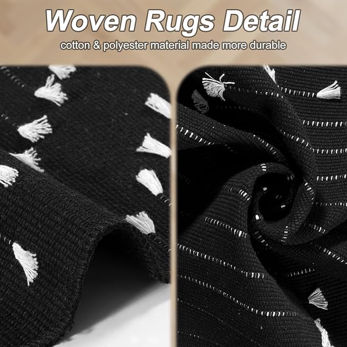 LIVEBOX Boho Black Rug for Kitchen,3x5 Washable Area Rug for Entryway,Moroccan Cotton Throw Rugs Morden Indoor Carpet Door Mat for Bedroom Laundry Room Hallway Halloween Decor