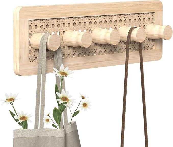 Homode Wooden Wall Hooks, Wall Mounted Coat Rack for Entryway, Boho Wood Pegs for Hanging Coats and Hats, Decorative Coat Hanger Purse Holder for Towel Key Jacket Bag Leash Cap