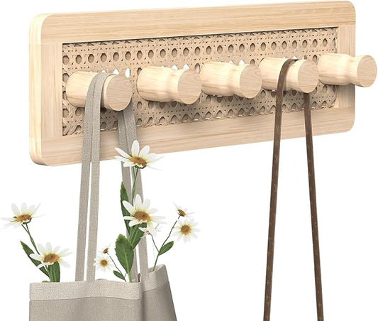 Homode Wooden Wall Hooks, Wall Mounted Coat Rack for Entryway, Boho Wood Pegs for Hanging Coats and Hats, Decorative Coat Hanger Purse Holder for Towel Key Jacket Bag Leash Cap