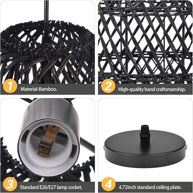 Arturesthome 1 Light Rustic Rattan Basket Pendant Light Fixture, Boho Wicker Chandelier Lamp Black, Coastal Handmade Crafts Lampshade, Farmhouse Hanging Ceiling Lighting for Dining Kitchen