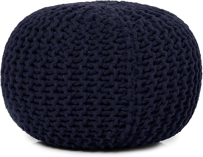 REDEARTH · Round Pouf Foot Stool Bean Bag Ottoman - Cable Knitted Cord Boho Pouffe - Poof Accent Bean Bag - Handmade by Artisans for Living Room - Bedroom (19.5"x19.5"x14") - Navy Blue