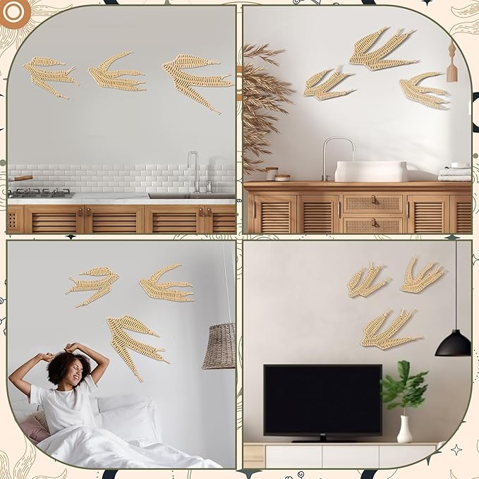 Threehoney 3 Pcs Boho Christmas Beach Bathroom Decor 3 Size Handmade Wicker Wall Decors Coastal Hanging Wall Art Florida Christmas Decoration for Indoor Outdoor Xmas Gifts(Bird)
