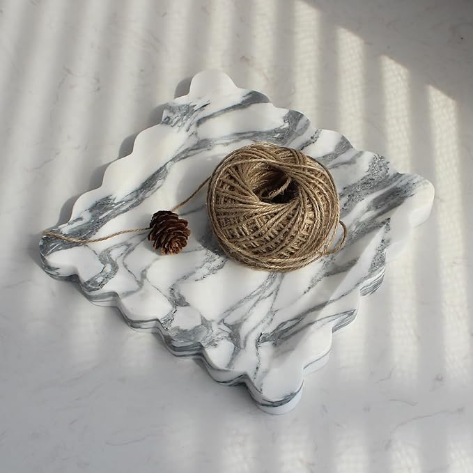 Natural Luxury Marble Tray with Scalloped Edge, Handmade Square Decorative Tray, Catch All Tray for Counter, Dresser, Nightstand and Home Décor