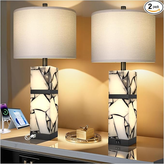 Scenekoy 27" Alabaster Table Lamps Set of 2 with Night Light for Living Room Bedroom, Nightstand Lamps with Linen Shade, Modern Bedroom Lamps with USB A+C Ports for Living Room Office (Bulb Included)