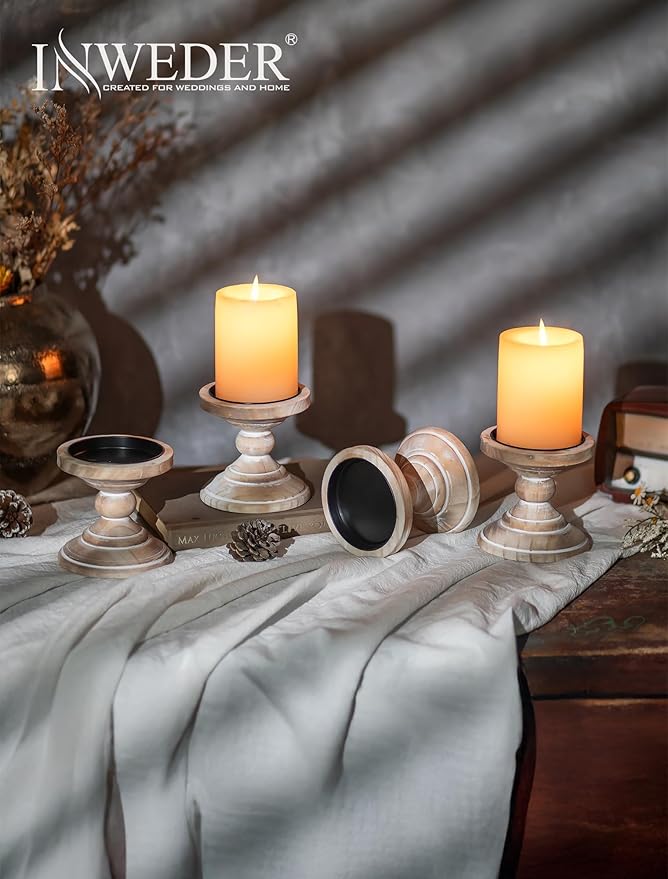 Wood Pillar Candle Holder: 2Pcs Rustic White Candle Holders for Pillar Candles Wood Candle Holders Distressed Wooden Farmhouse Candle Holder Large Rustic Candle Holder for Fireplace Table