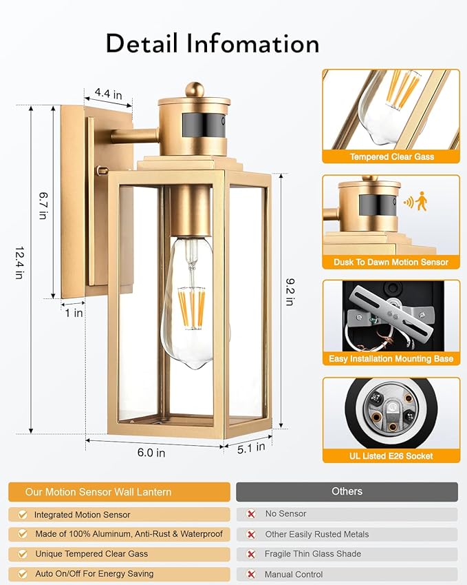 VIANIS 2 Pack Gold Outdoor Wall Lights, Motion Sensor Exterior Garage Lighting Fixture for House, Modern Dusk to Dawn Front Porch Light, Anti-Rust Waterproof Outdoor Wall Lantern Wall Mount Sconce