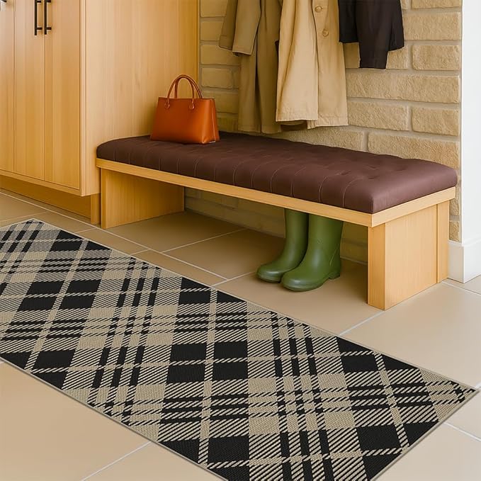 JTJ Vintage Outdoor Runner 2x6 - Easy Jute Woven Throw Rug for Kitchen, Bedroom, Mudroom, Washable Low Pile Black and White Classic Decor