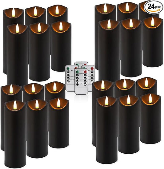 fclayvts Realistic Flameless LED Candle Black Set of 24, Battery Operated with Remote Control, 3D Flame Pillar Timer Funtion Melted Top Safe,Perfect for Indoor/Outdoor Decor,Wedding,BBQ and Gift