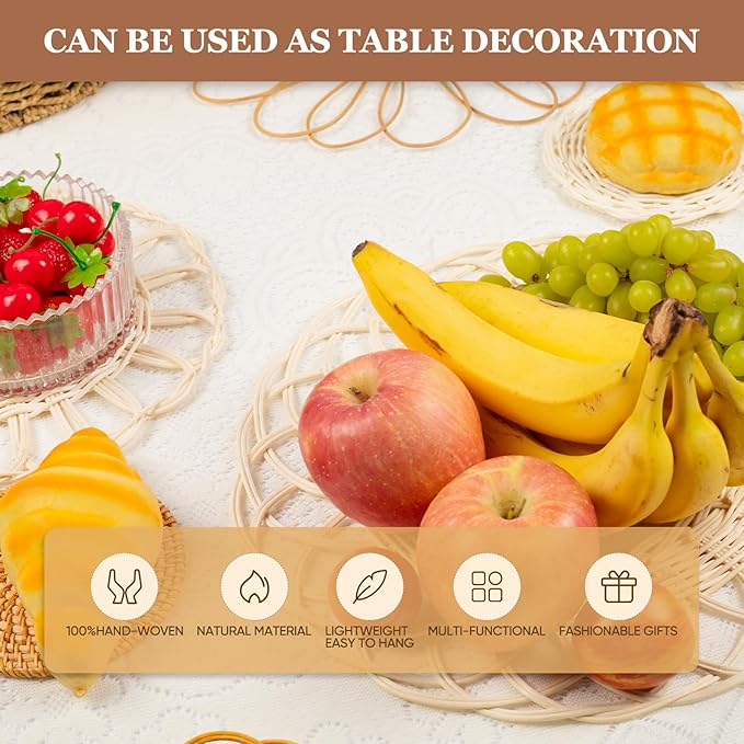 Boho Wall Basket Decor Set of 8,Rattan Flower Wall Decor,Flat Woven Baskets Wall Hanging Decor,Unique Boho Wicker Seagrass Wall Decor(Rattan Classic)