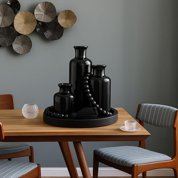 Tiangrid 5 Pcs Rustic Tabletop Centerpieces Decor Set of 3 Boho Ceramic Vases with Wooden Serving Tray Wood Bead Garland Tassels Table Holder for Home Decorations (Black)