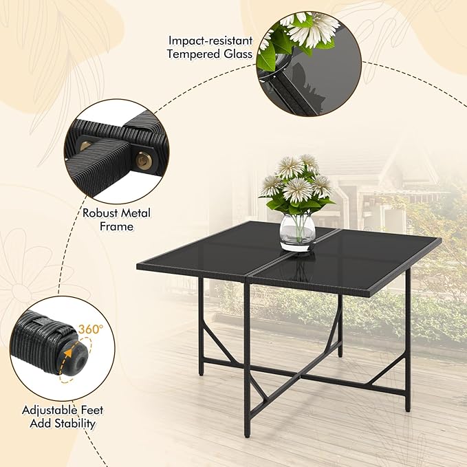 Tangkula 9 Pieces Outdoor Dining Furniture Set, Space-Saving Wicker Rattan Chairs & Tempered Glass Table with Ottomans, Cushioned Seat, Patio Conversation Set for Garden Yard Poolside