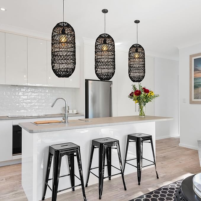 Arturesthome 1 Light Rustic Rattan Basket Pendant Light Fixture, Boho Wicker Chandelier Lamp Black, Coastal Handmade Crafts Lampshade, Farmhouse Hanging Ceiling Lighting for Dining Kitchen